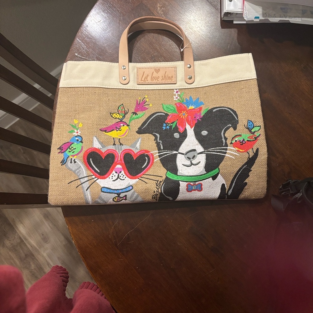 Brighton Tan and Cream Tote with Dog and Cat Design